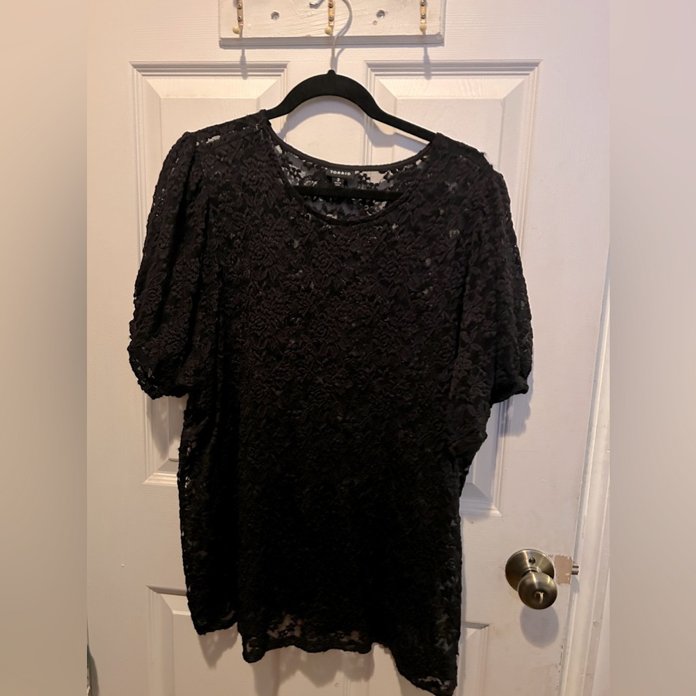 Stretch mesh lace crew neck puffy sleeve blouse